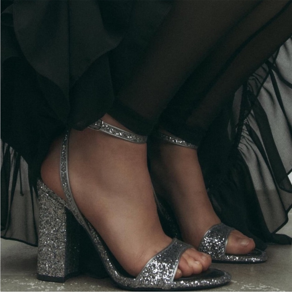 ZARA SILVER HIGH BLOCK HEEL GLITTER SANDALS
